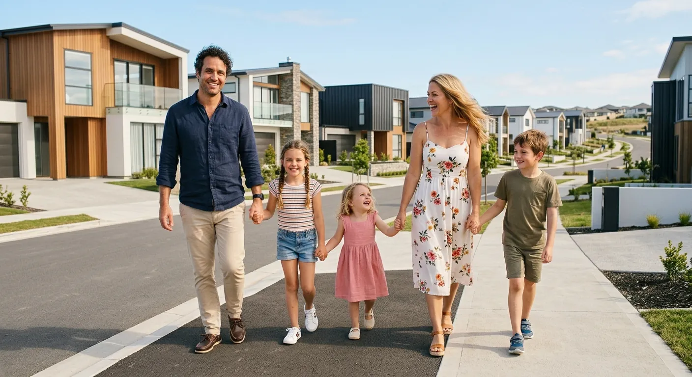 Illustrative image of a family walking through a new-home neighbourhood